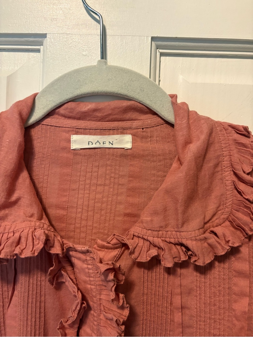 Doen pink rose cotton lightweight ruffle collar button up blouse top s small - Picture 3 of 8